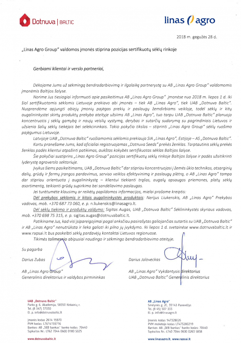 Pranešimas klientams ir partneriams